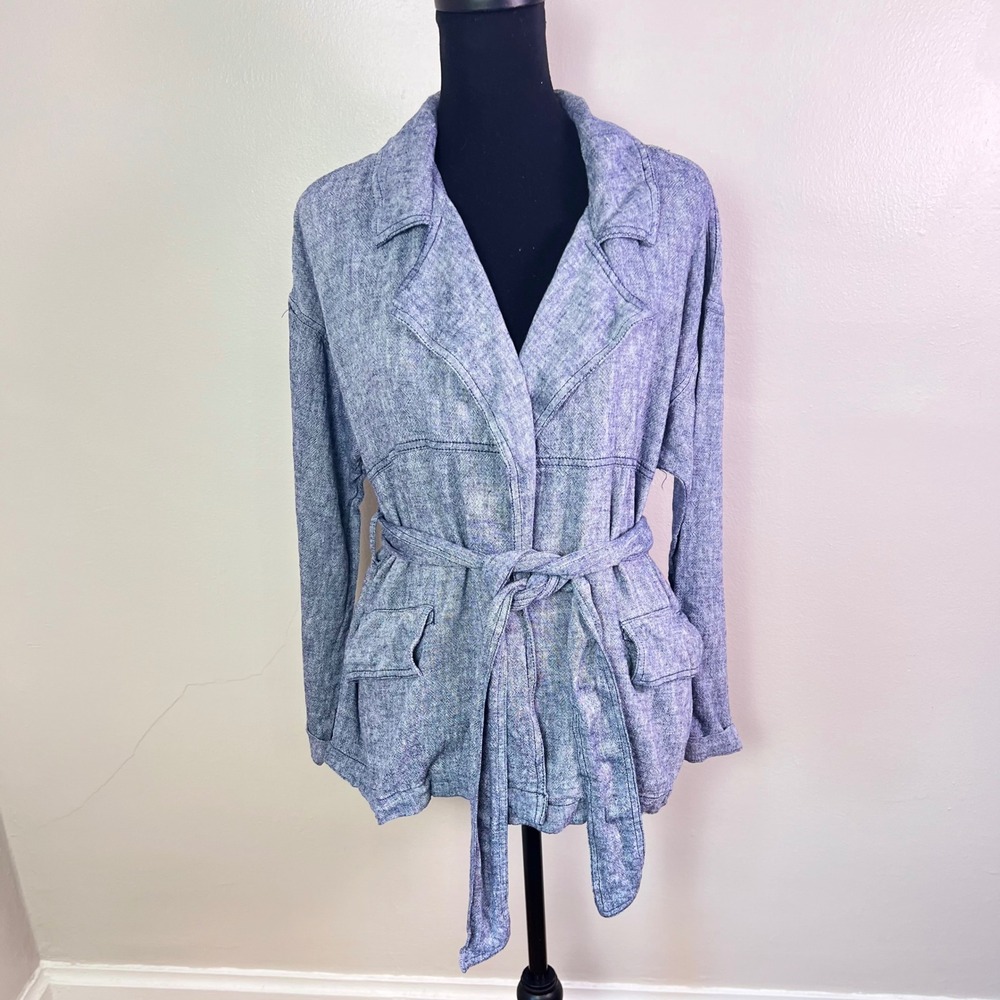 Caslon Linen Blend Utility Jacket Medium Blue Safari Tie Waist Blazer